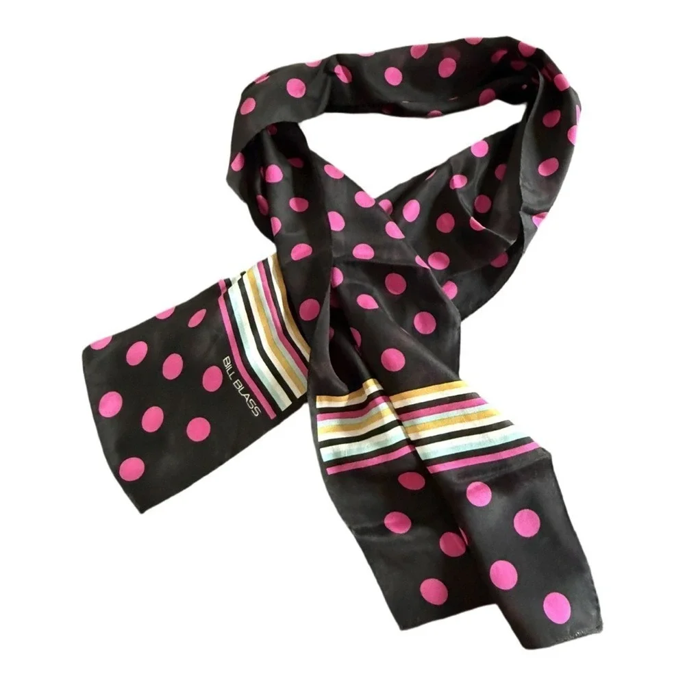 Bill Blass Vintage Silk Long Neck Scarf Polka Dot Striped 80's-90's Handbag Wrap